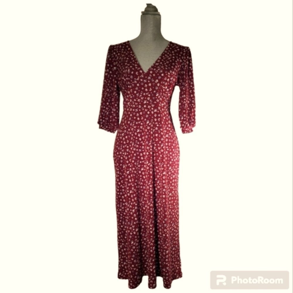 All In Favor Burgundy Floral Puff Sleeve Midi Dress Size M Medium - Picture 3 of 11
